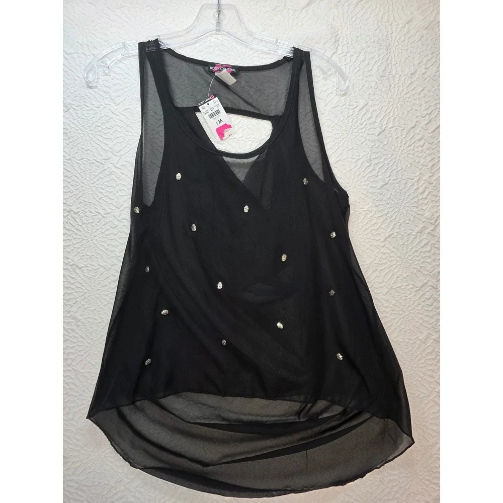Body Central Tank Top Women M Black NEW Mesh Skull Rhinestone Y2K Mall Goth